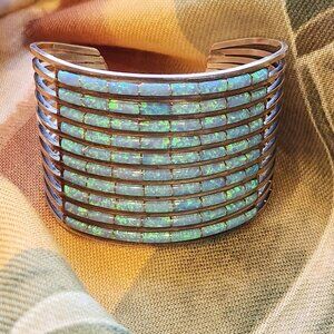 Anson & Letitia Wallace, (ALW) Zuni 10 Row Opalite Sterling Cuff Bracelet,1 3/4"